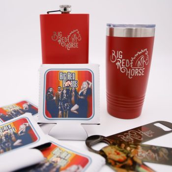 Koozies with sublimated imprint, Engraved Flask, Sublimated Metal Bottle Openers, and Engraved Tumbler