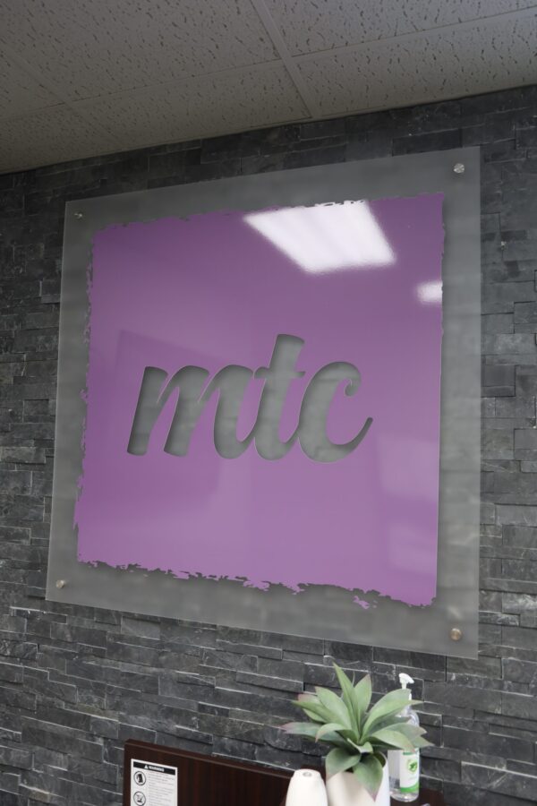 Frosted Acrylic Sign with Cut Vinyl Graphics with Metal Offsets